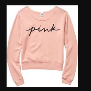 Victoria Secret Pink Script XL Off Shoulder Open Neck Crew Sweatshirt Top Shirt